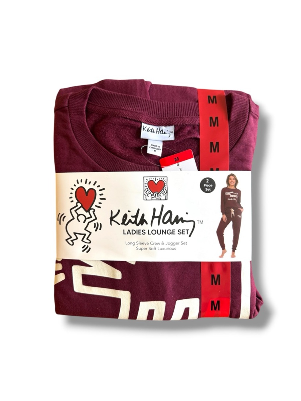 Keith Haring Medium Soft Fleece Lounge Set in Burgundy Crewneck Top & Joggers